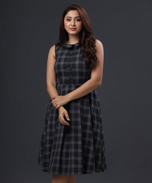 Collared Front Buttoned Check Dress