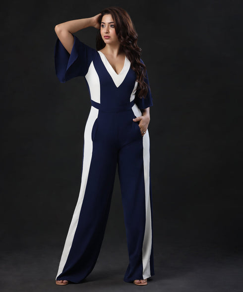 Two Tone Vneck Blue Jump Suit