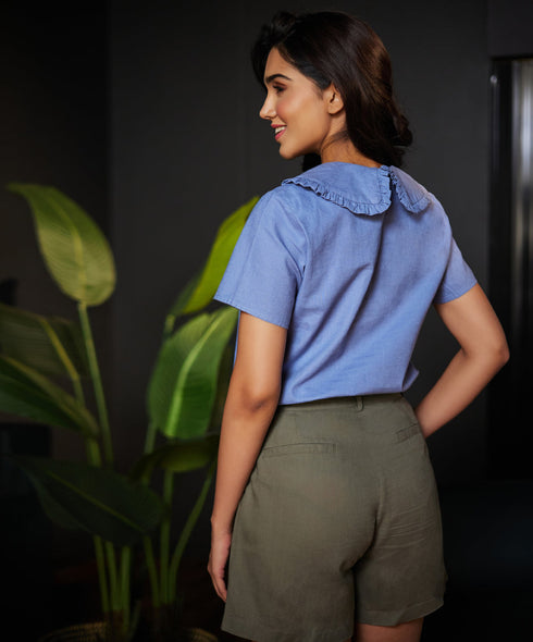 Peterpan Collared Light Blue Linen Top