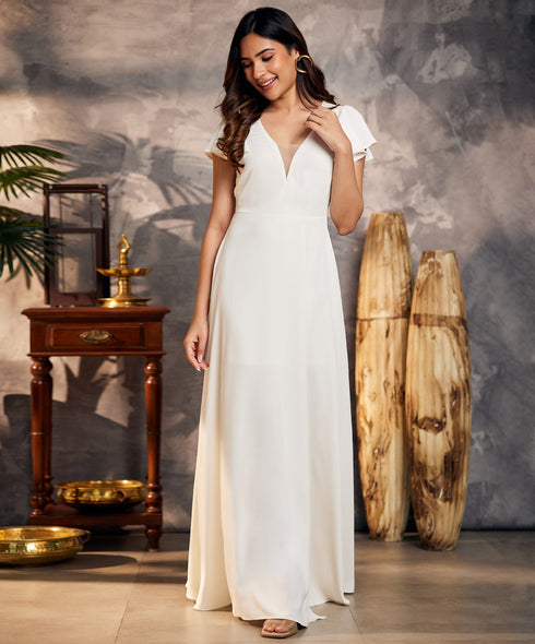 Front Slit Flared White Chiffon Maxi