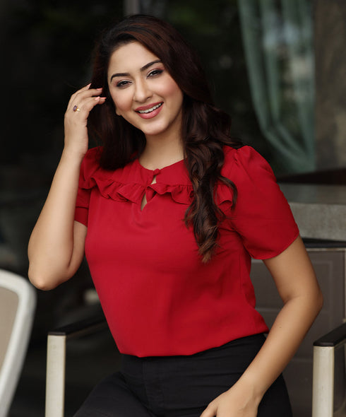 Front Frilled Sleeve Detailed Red Top