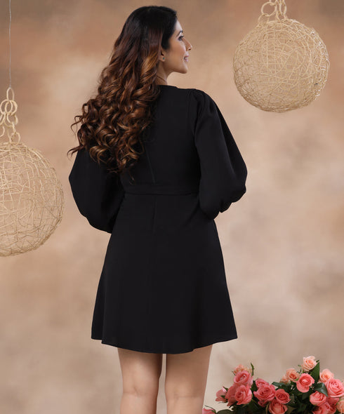 Lantern Sleeve Belted Wrap Dress