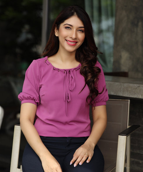 Eyelet Detailed Purple Chiffon Top