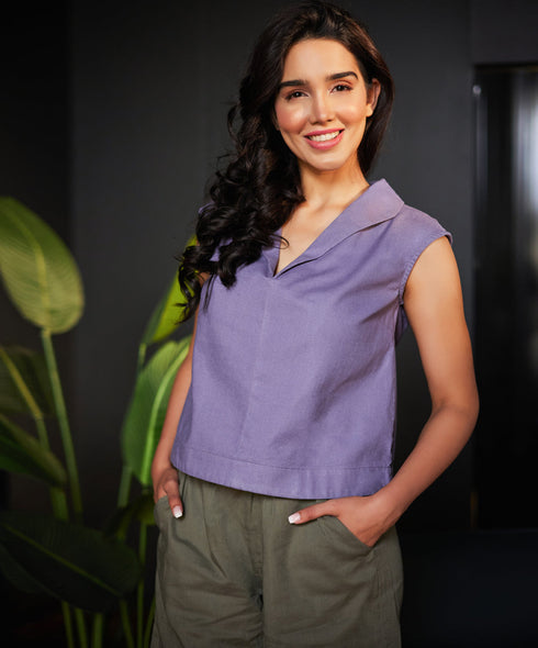 Lapel Vneck Linen Solid Top