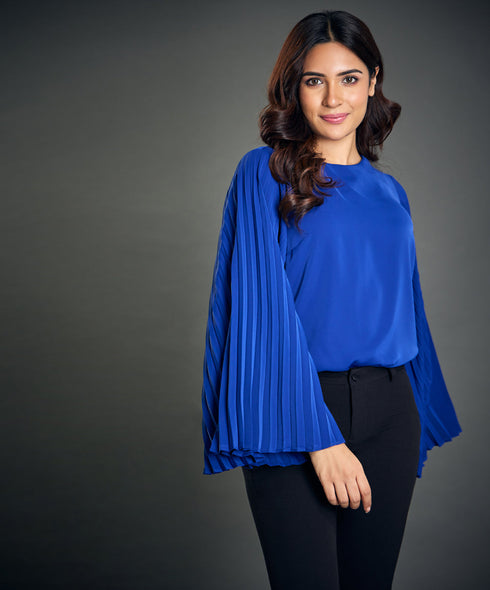 Sleeve Pleated Chiffon Royal Blue Top