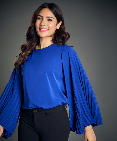 Sleeve Pleated Chiffon Royal Blue Top