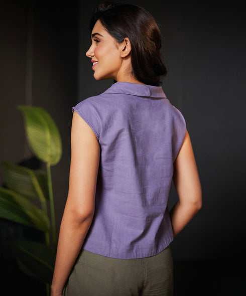 Lapel Vneck Linen Solid Top