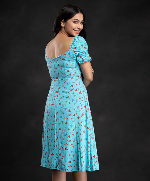 Sky Blue Drawstring Ruched Printed Dress