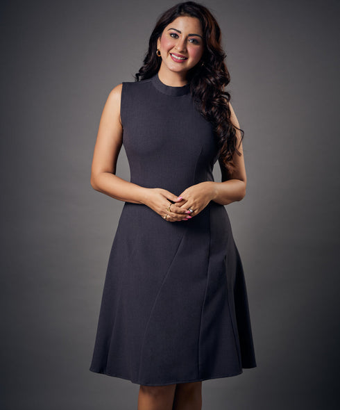 Slanted Panel Skater Grey Dress