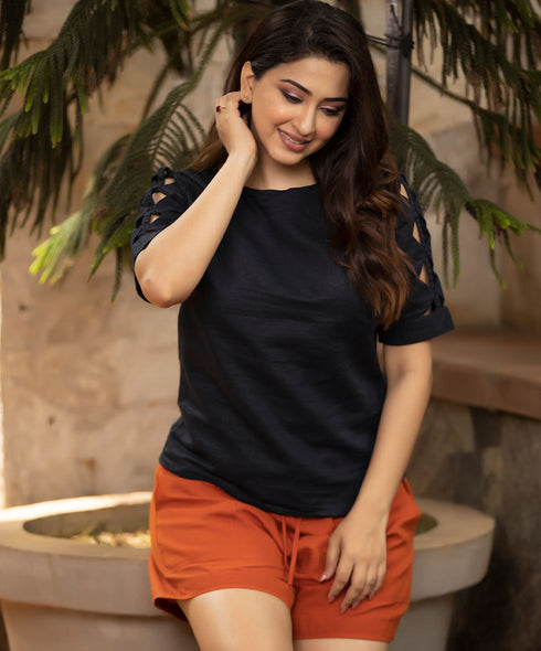 Blue Side Triangle Open Sleeve Linen Top