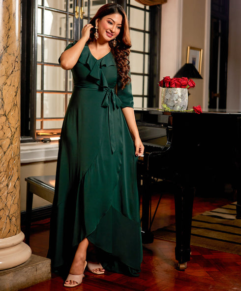 Vneck Asymmetrical Dress With Cascading Ruffles