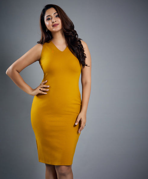 Vneck Sleeveless Bodycon Mustard Dress