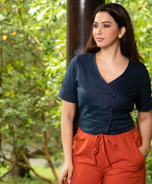 Navy Side Buttoned Linen Crop Top