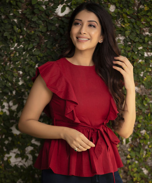 Frilled Linen Pretty Maroon Top