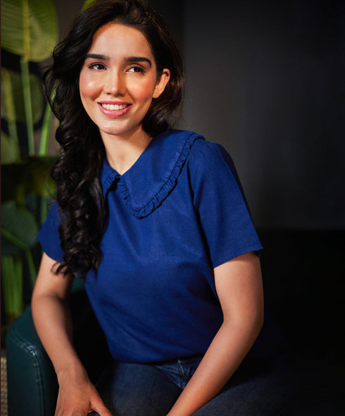 Peterpan Collared Dark Blue Linen Top