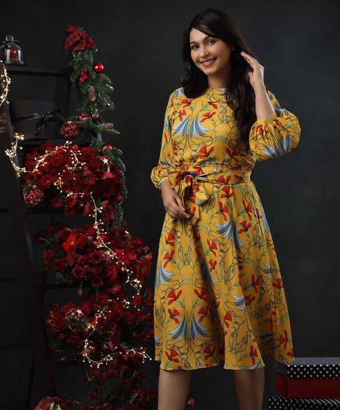 Balloon Sleeve Printed Mustard Midi Dress