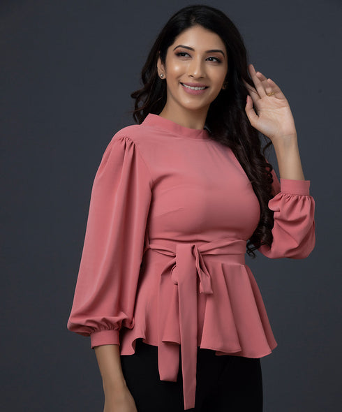 Chiffon Puffed Long Sleeve Peplum Top