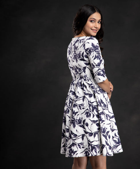 Blue Floral Scoop Neck Printed Dress