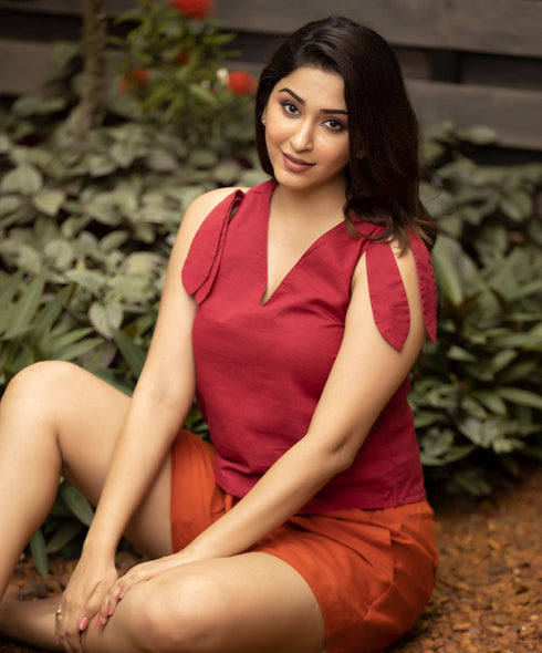 Vneck Bow Detailed Linen Top Red