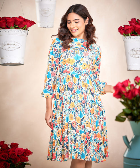 Pleated Long Sleeve Floral Dress