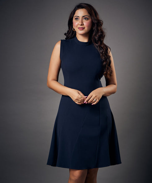 Slanted Panel Skater Navy Blue Dress