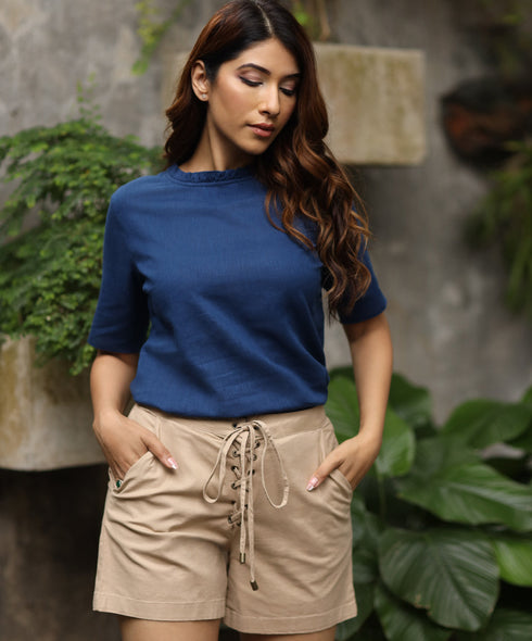 Neck Gathered Detailed Linen Blue Top