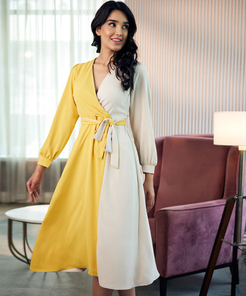 Vneck Colour Blocked Midi Chiffon Dress