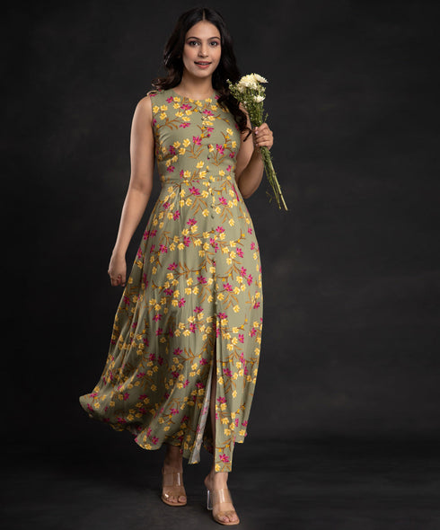 Olive Front Slit Floral Tunic Maxi