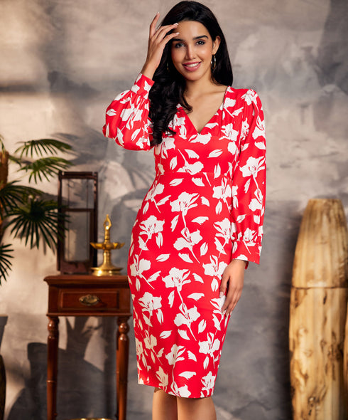 Floral Print Front Button Red Dress