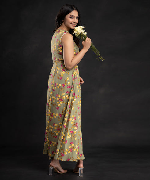 Olive Front Slit Floral Tunic Maxi