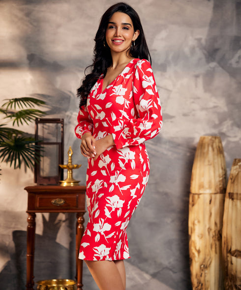 Floral Print Front Button Red Dress