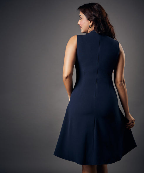 Slanted Panel Skater Navy Blue Dress