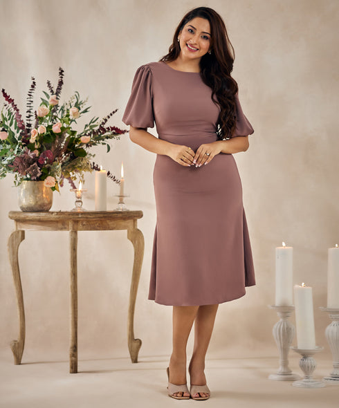 Solid Elegant Puffed Sleeve Brown Dress