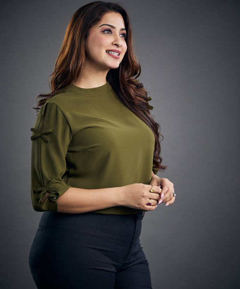 Bow Detailed Chiffon Khaki Top