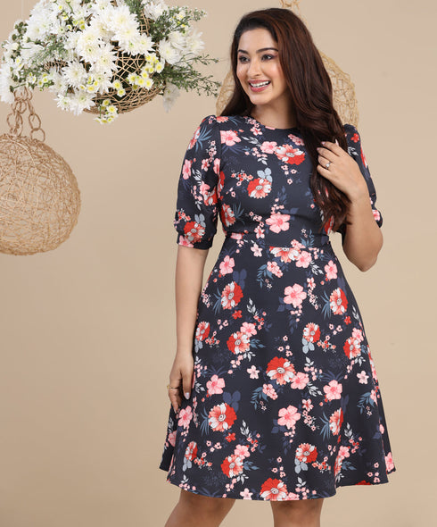 Puffed Sleeve Skater Printed Dress