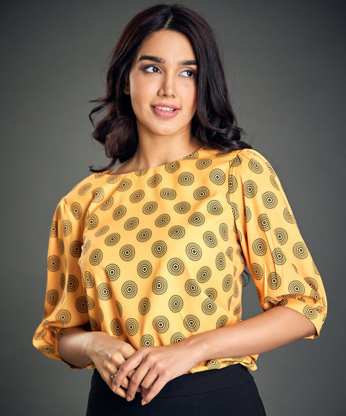 Puff Sleeve Printed Orange Blouse
