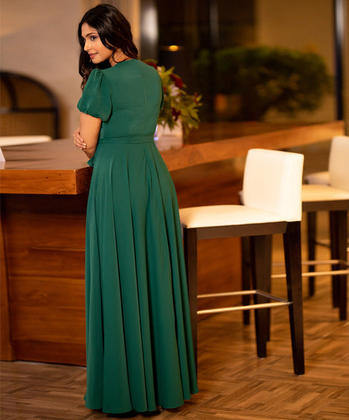 Green Chiffon Puff Sleeve Wrap Maxi Dress