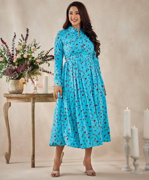 Aurora Floral Long Sleeve Blue Dress