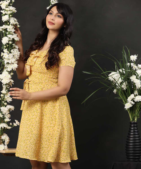 Vneck Frilled Floral Short Sleeved Dress