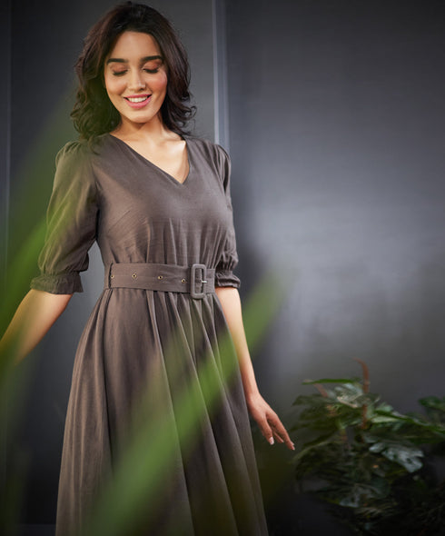 Vneck Linen Maxi Dress With Belt