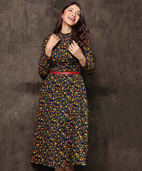 Long Sleeve Printed Midi Chiffon Dress