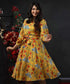 Balloon Sleeve Printed Mustard Midi Dress
