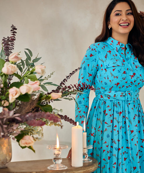 Aurora Floral Long Sleeve Blue Dress