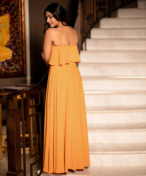 Mustard Two Layered Halter Neck Maxi Dress
