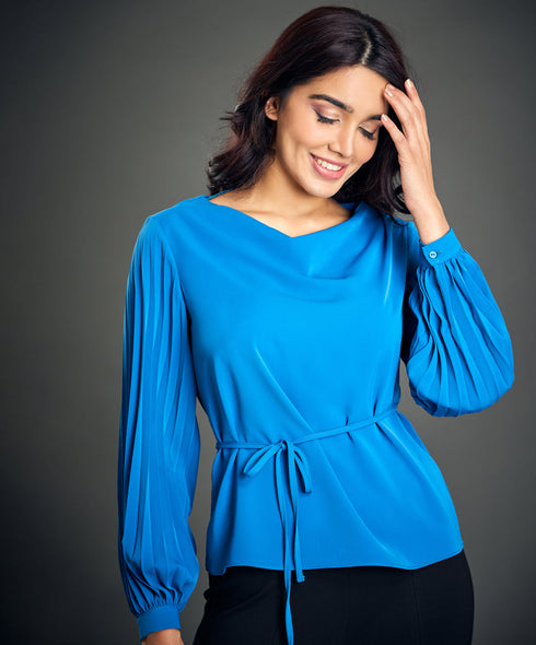 Sleeve Pleated Waist Tie Blue Top