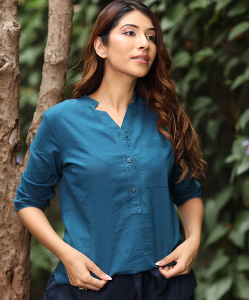 Linen Buttoned Half Kurtha Blue Top