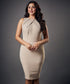 Neck Pleated Bodycon Beige Dress