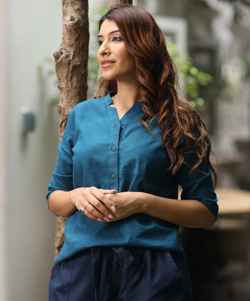 Linen Buttoned Half Kurtha Blue Top