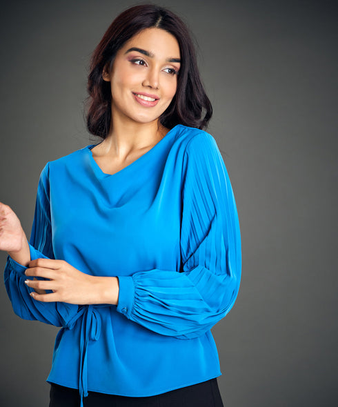 Sleeve Pleated Waist Tie Blue Top