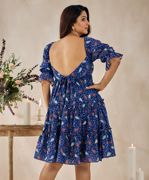 Tiered Back Tie Blue Printed Dress